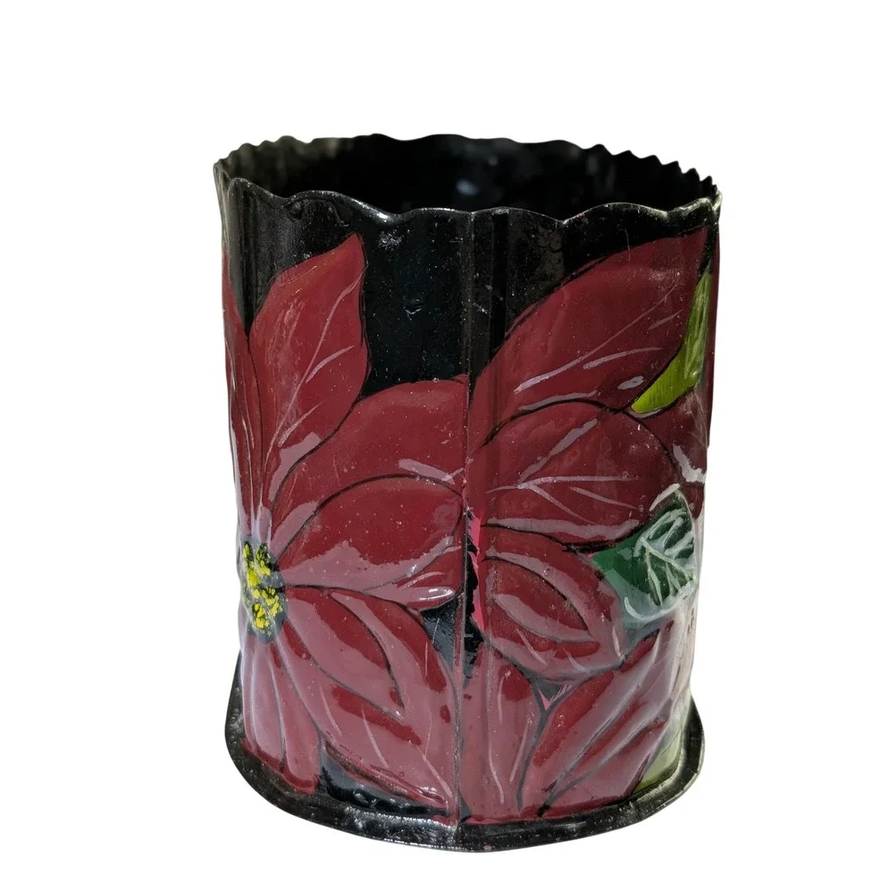 Vintage 1993 Hosley Sculptures Poinsettia Metal Tin Planter Scalloped Oval